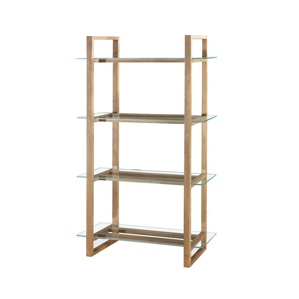 Uvi 76 Inch Bookcase, 4 Floating and Slatted Glass Shelves, Bisque Brown