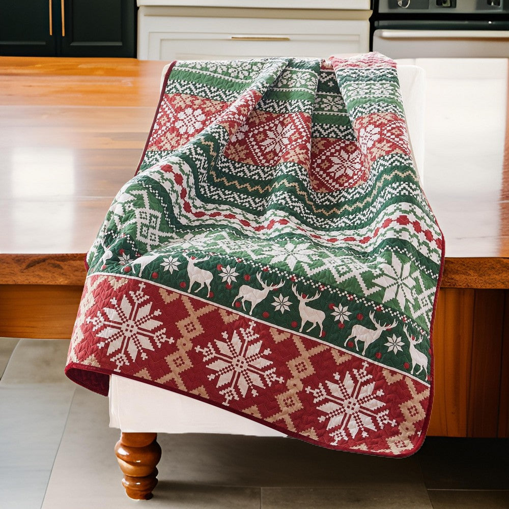 Live 50 x 60 Quilted Throw Blanket, Dutch Velvet, Winter Print, Green, Red By Casagear Home