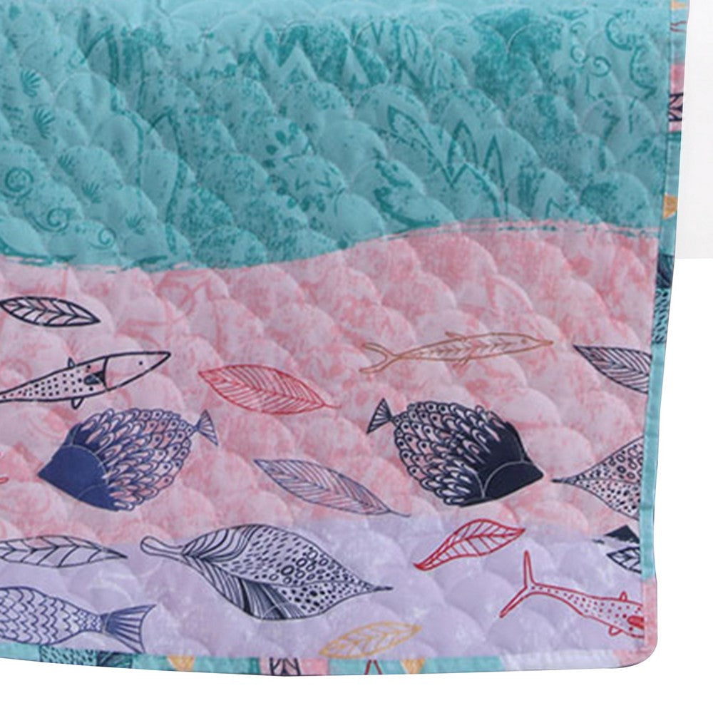 Wini 50 x 60 Inch Quilted Throw Blanket with Fill Mermaid Blue Pink By Casagear Home BM313288