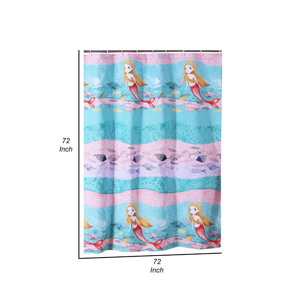 Wini 72 x 72 Inch Shower Curtain Mermaid Print Blue Pink Polyester By Casagear Home BM313289