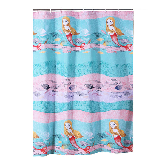 Wini 72 x 72 Inch Shower Curtain, Mermaid Print, Blue, Pink Polyester By Casagear Home