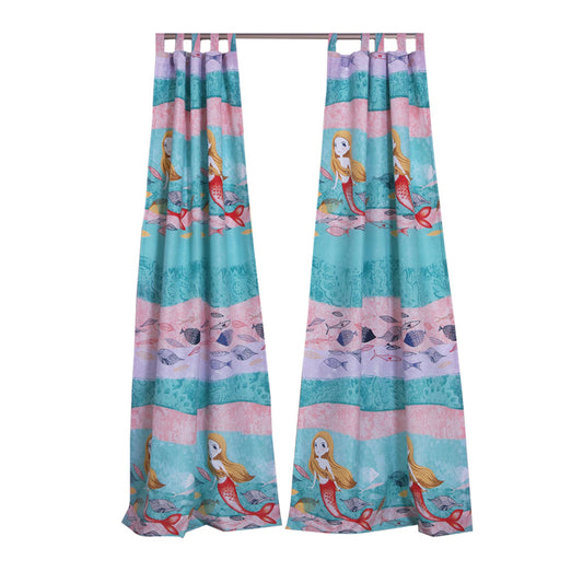 Wini 4 Piece Window Curtain Panel Set, Mermaid Design, Pink, Blue Polyester By Casagear Home