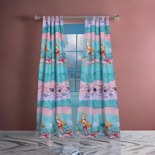 Wini 4 Piece Window Curtain Panel Set, Mermaid Design, Pink, Blue Polyester By Casagear Home