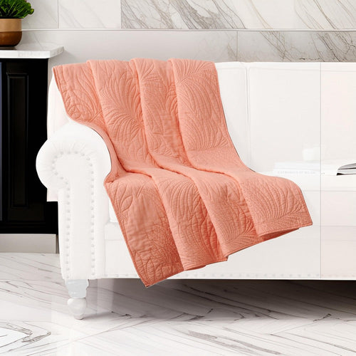 Xumi Throw Blanket | 50 x 60 | Quilted | Frond Pattern | Coral Pink Cotton