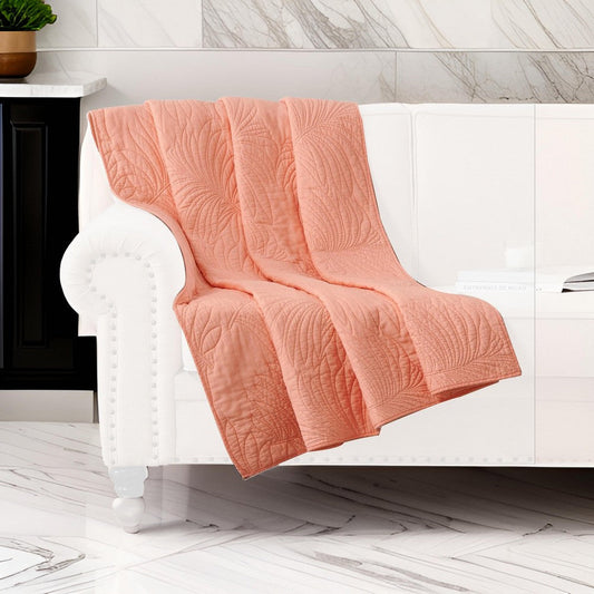 Xumi Throw Blanket | 50 x 60 | Quilted | Frond Pattern | Coral Pink Cotton
