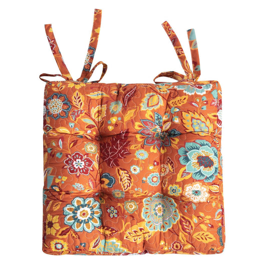 Rov 18 Inch Chair Pad Seat Cushion, 3 Layers, Spice Orange Flower Print By Casagear Home