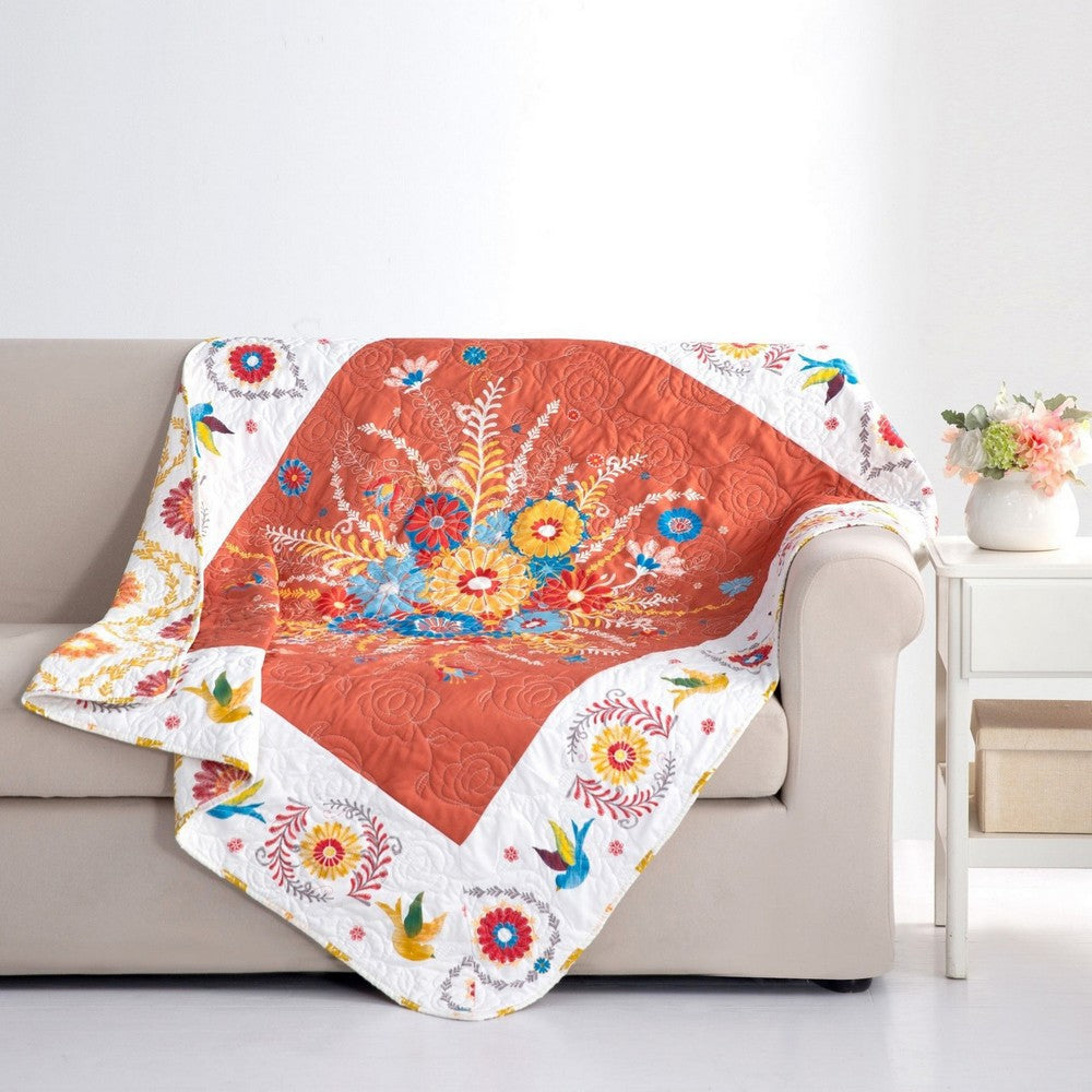 50 x 60 Inch Quilted Throw Blanket with Fill Floral Print Multicolor By Casagear Home BM313307