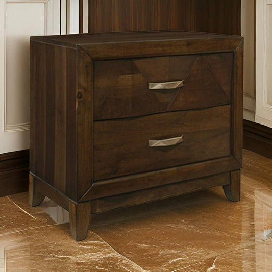 Nibo 28 Inch Nightstand, 2 Drawers, Satin Brass Handles, Brown Solid Wood By Casagear Home