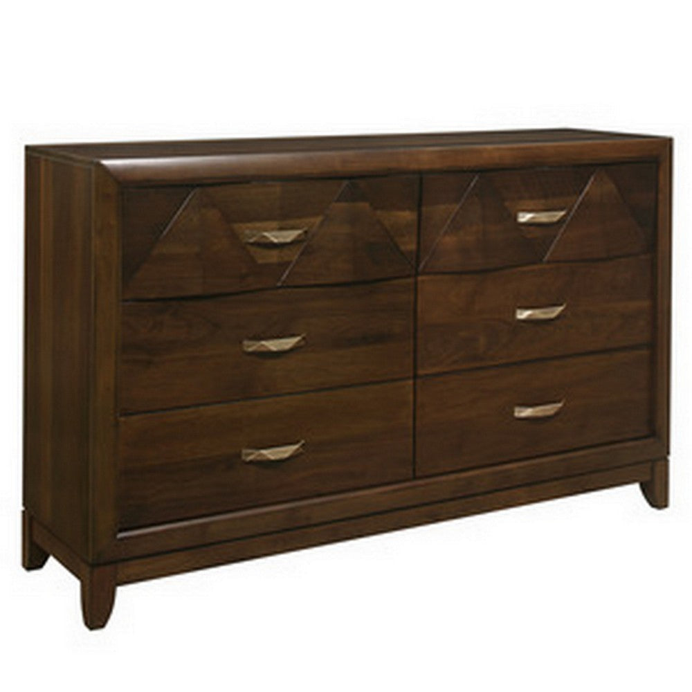 Nibo 60 Inch Wide Dresser, 6 Drawers, Satin Brass Handles, Brown Solid Wood By Casagear Home