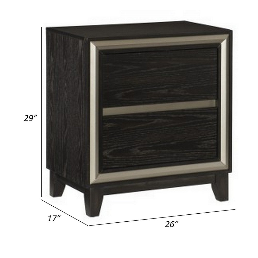 Uri 29 Inch Nightstand, 2 Drawers, Cutout Grooves, Silver Banding, Black By Casagear Home