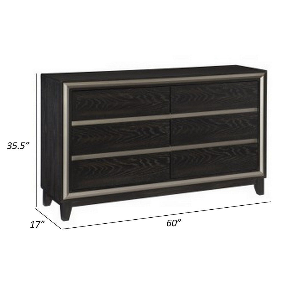 Uri 60 Inch Wide Dresser 6 Drawers Cutout Grooves Silver Banding Black By Casagear Home BM313319