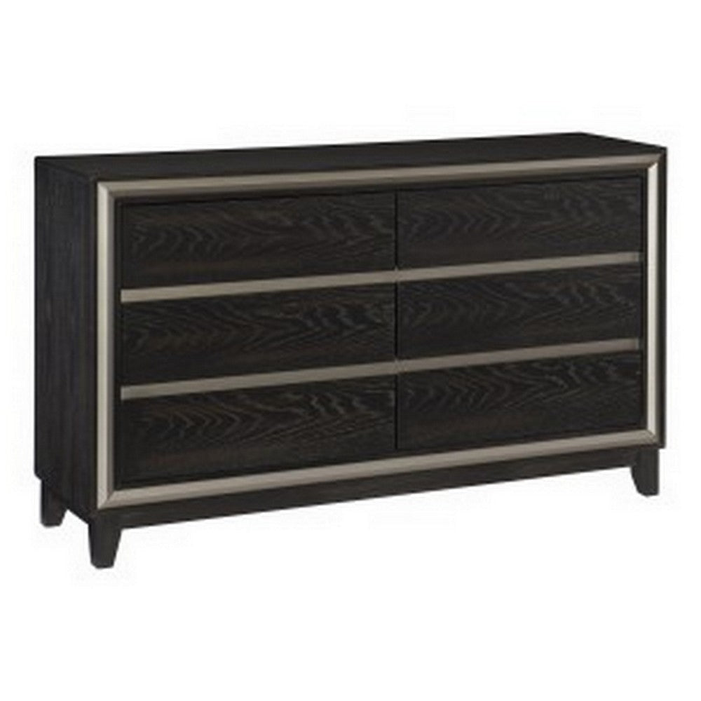 Uri 60 Inch Wide Dresser, 6 Drawers, Cutout Grooves, Silver Banding, Black By Casagear Home