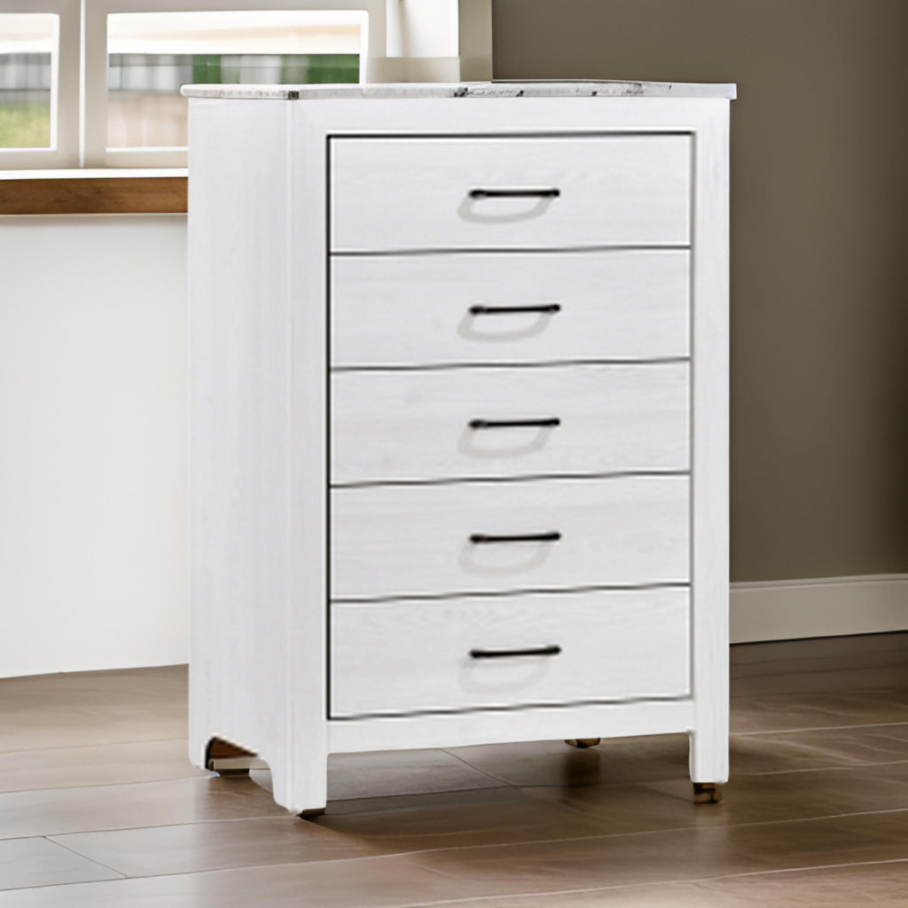 Eby 48 Inch Tall Dresser Chest, 5 Drawers with Black Nickel Handles, White By Casagear Home