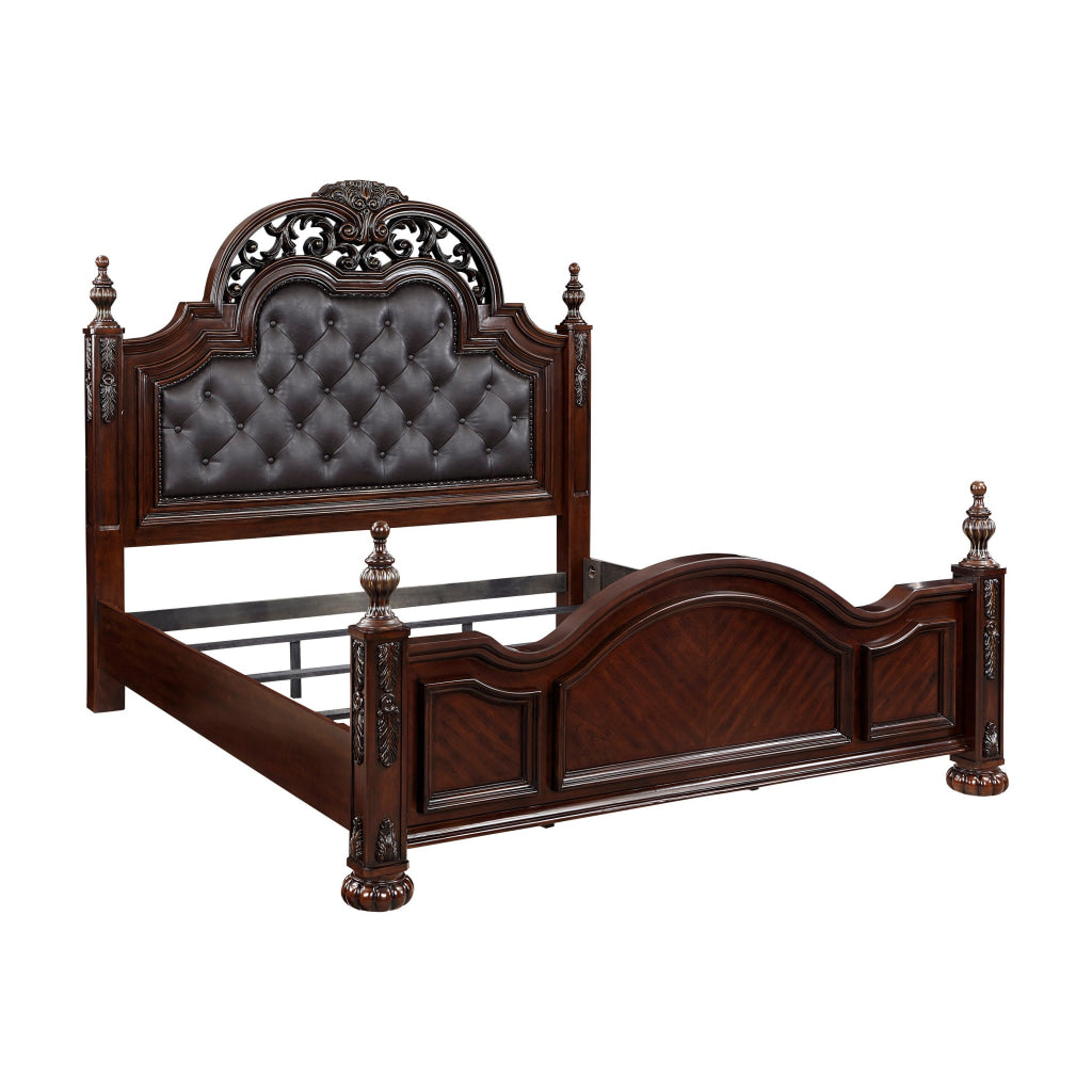 Amio Queen Bed Button Tufted Faux Leather Headboard Cherry Brown Wood By Casagear Home BM313332