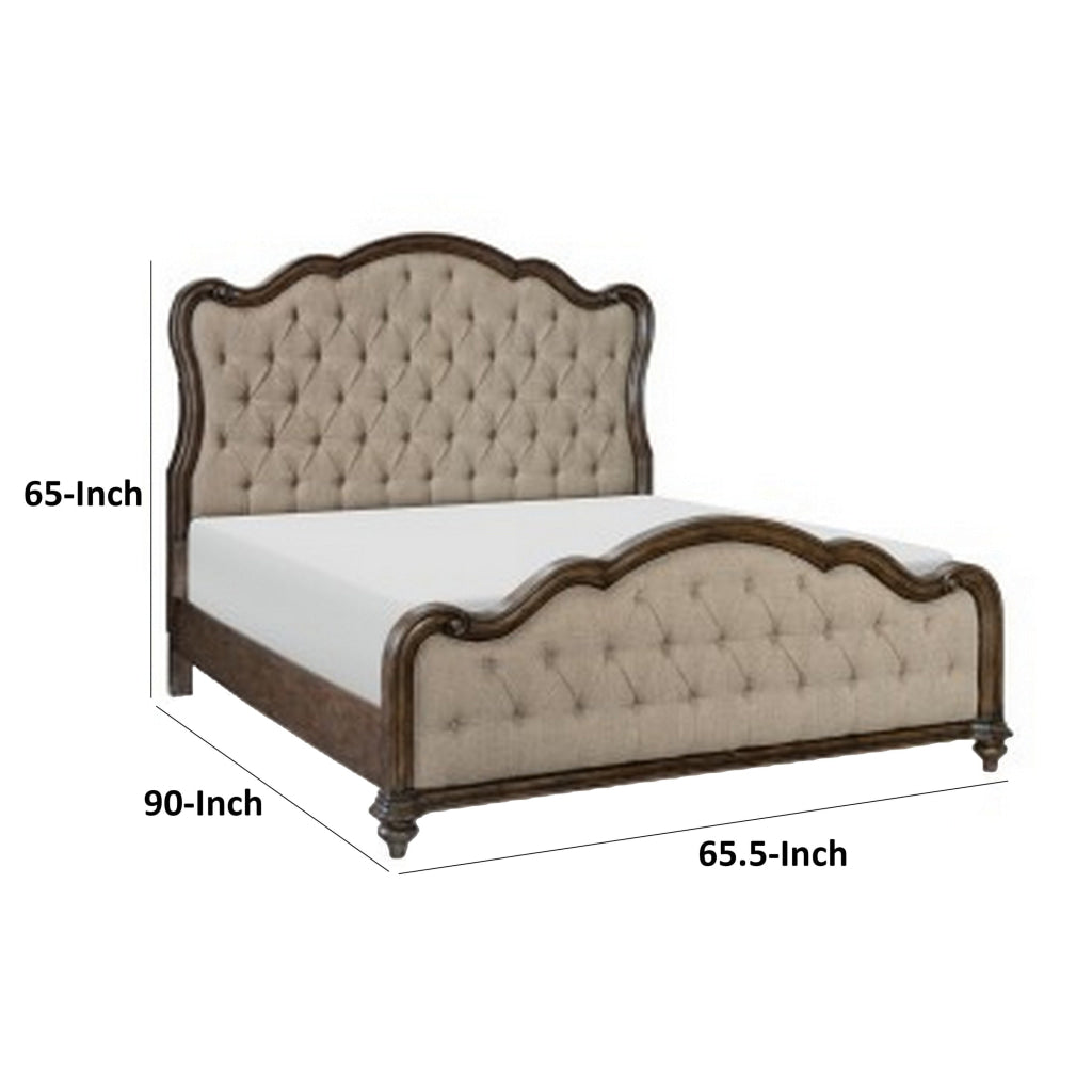 Deborah Queen Bed Button Tufted Beige Fabric Upholstery Brown Wood By Casagear Home BM313339