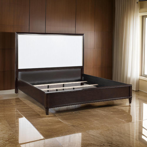 Shim Queen Size Bed with Tall Headboard, White and Cherry Brown Wood By Casagear Home