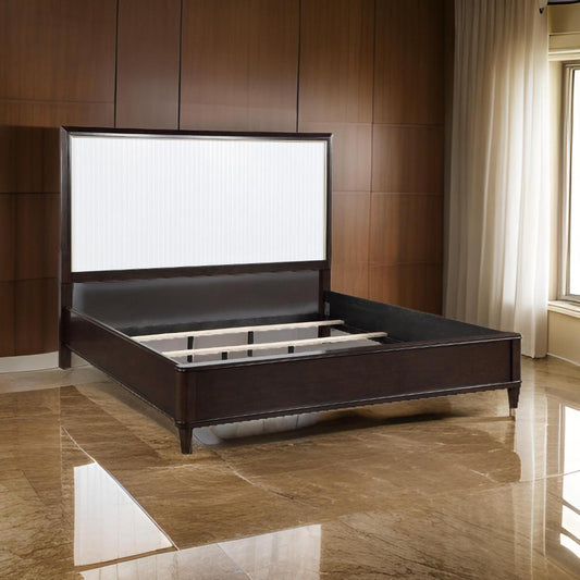 Shim Queen Size Bed with Tall Headboard, White and Cherry Brown Wood By Casagear Home