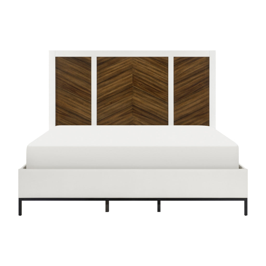 Jem Queen Size Bed Tall Headboard 2 USB Ports Brown White Acacia Veneer By Casagear Home BM313346