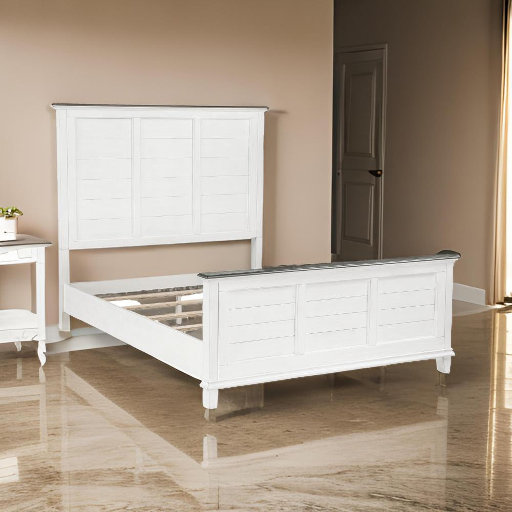 Woki Queen Size Bed, Solid Wood Panel Design, Farmhouse White and Brown By Casagear Home