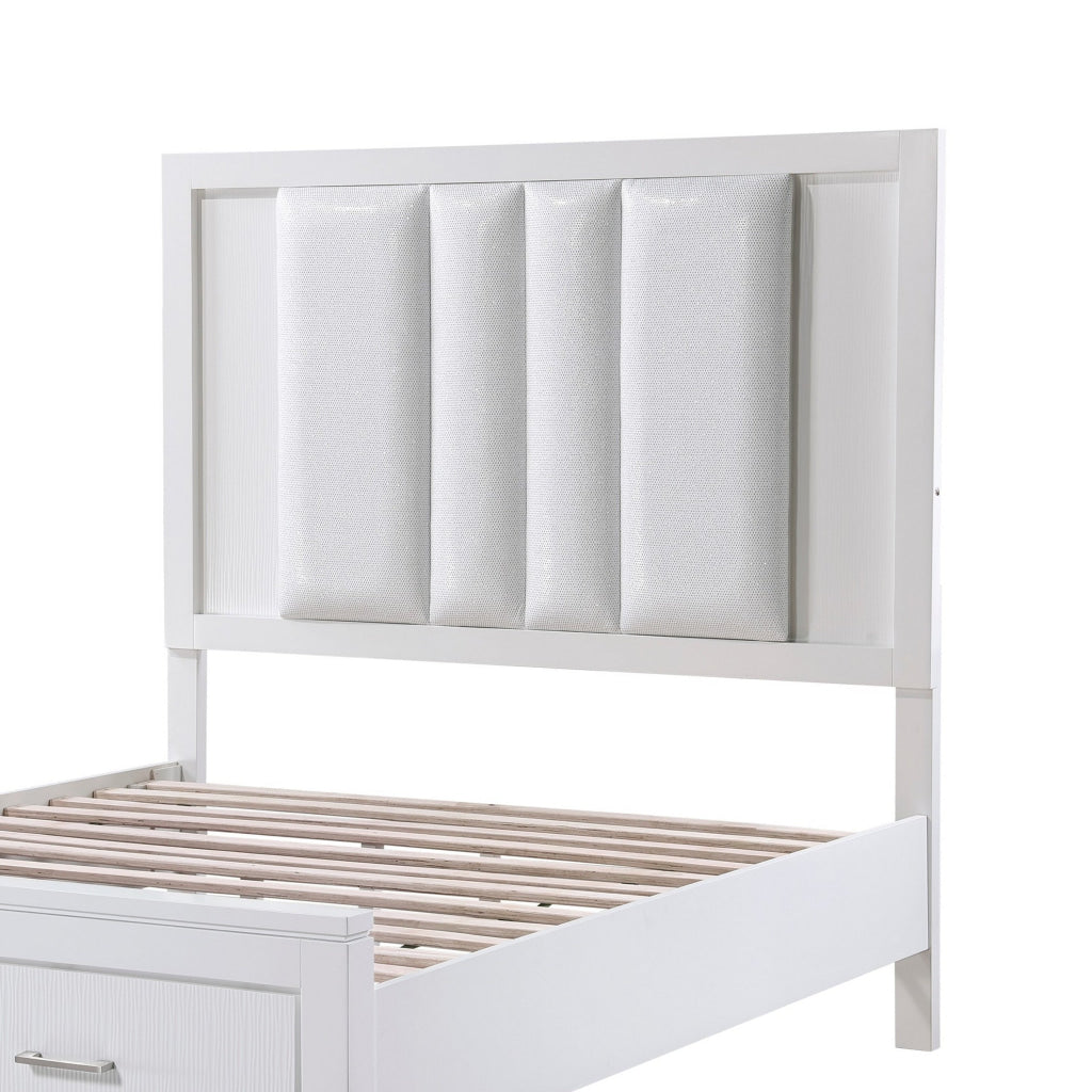 Roni Queen Bed LED Lit Upholstered 2 Storage Drawers White Solid Wood By Casagear Home BM313349