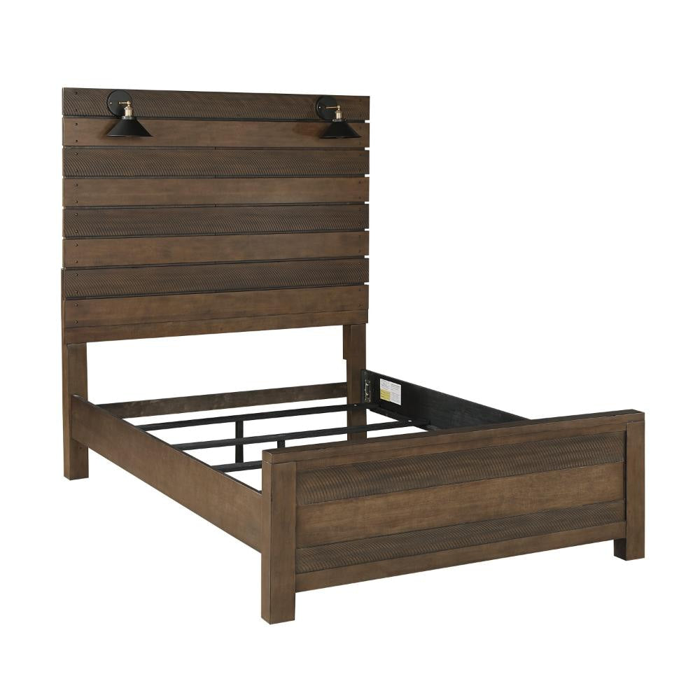 Aco Queen Size Bed 2 Lampshades Slatted Headboard LED Lights Brown By Casagear Home BM313350