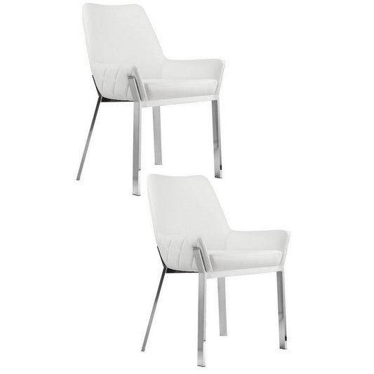 Fuma 23 Inch Set of 2 Dining Chairs, Foam Fill, White Faux Leather, Silver By Casagear Home