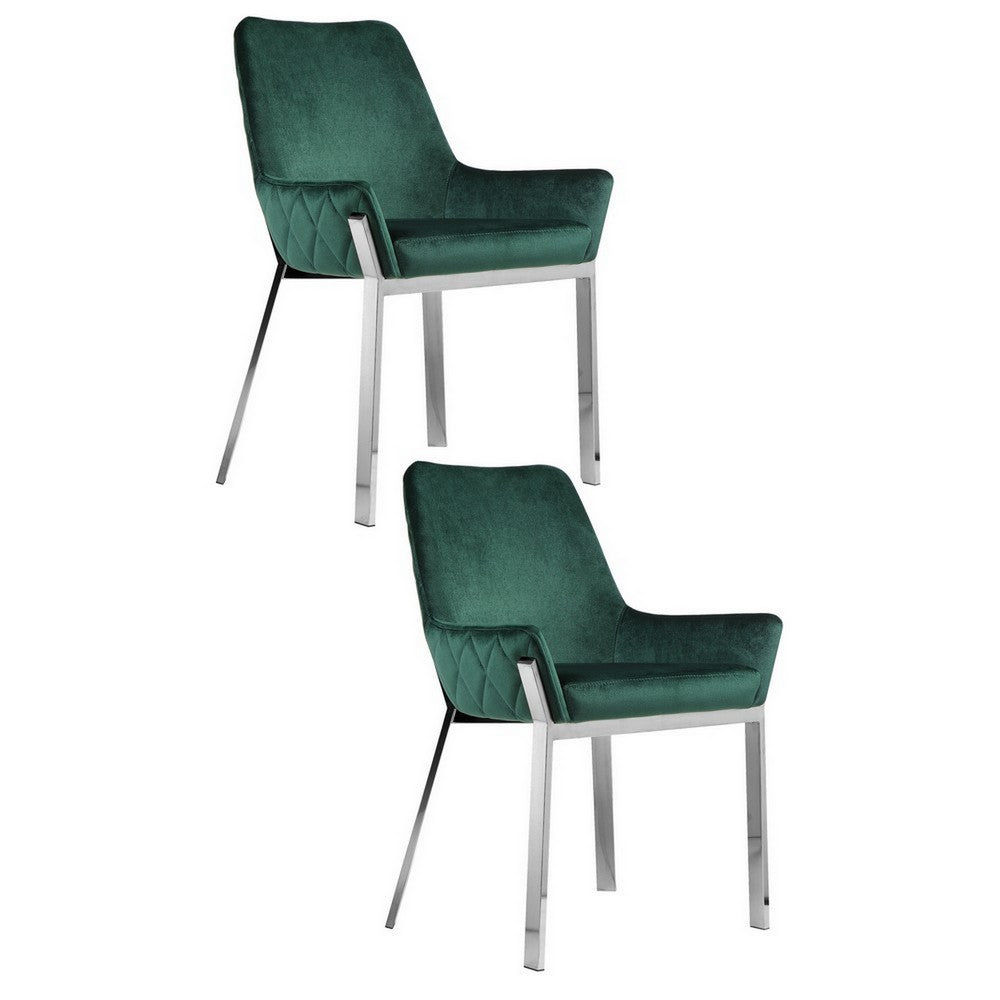 Fuma 23 Inch Set of 2 Dining Chairs, Foam Fill, Modern Green Velvet, Silver By Casagear Home