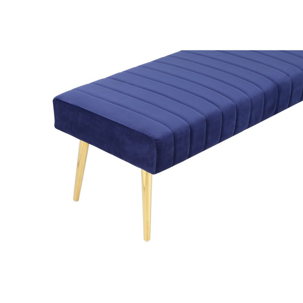 Lida 45 Inch Bench Modern Tufted Lines Blue Soft Velvet Gold Metal By Casagear Home BM313357