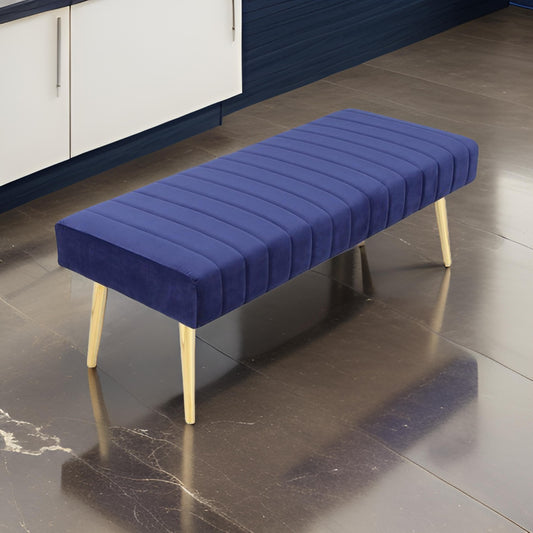 Lida 45 Inch Bench, Modern Tufted Lines, Blue Soft Velvet, Gold Metal By Casagear Home