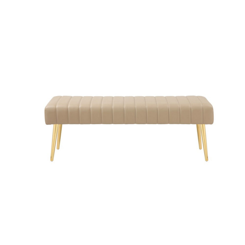 Lida 45 Inch Bench Modern Tufted Lines Beige Faux Leather Gold Metal By Casagear Home BM313358