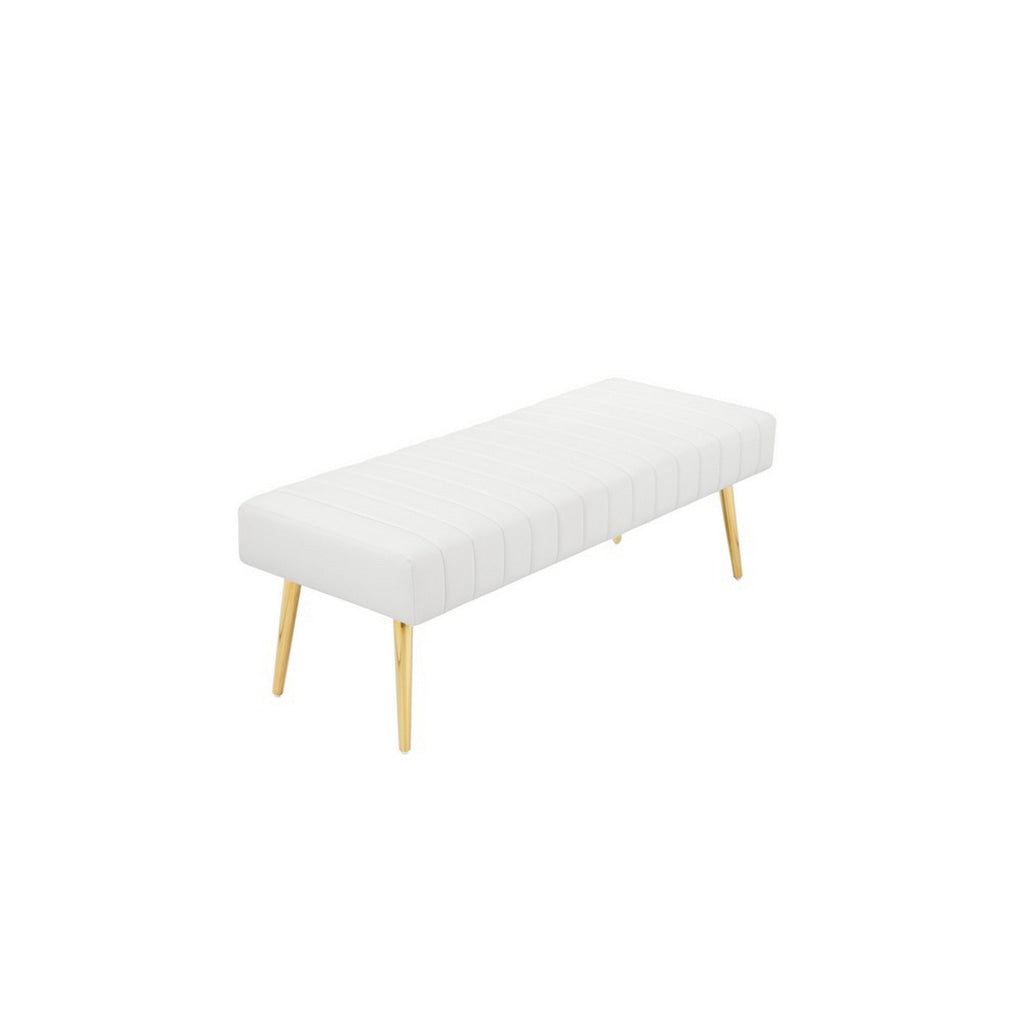 Lida 45 Inch Bench Modern Tufted Lines White Faux Leather Gold Metal By Casagear Home BM313359