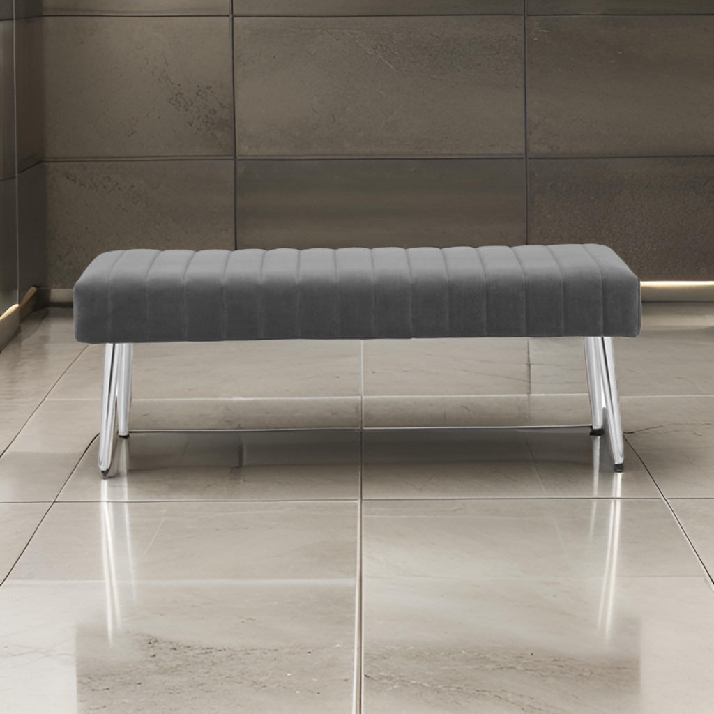 Lida 45 Inch Bench, Modern Tufted Lines, Gray Soft Velvet, Chrome Metal By Casagear Home