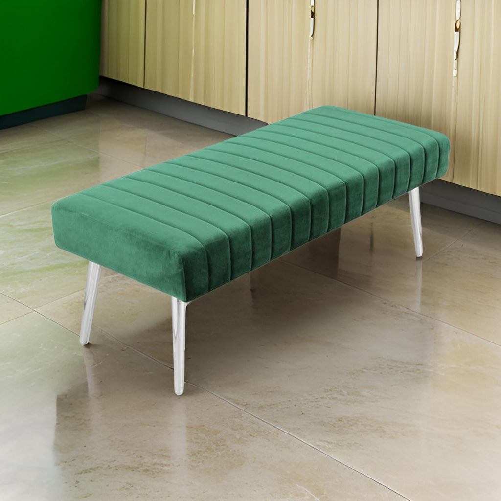 Lida 45 Inch Bench, Modern Tufted Lines, Green Soft Velvet, Chrome Metal By Casagear Home