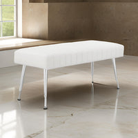 Lida 45 Inch Bench, Modern Tufted Lines, White Faux Leather, Chrome Metal By Casagear Home