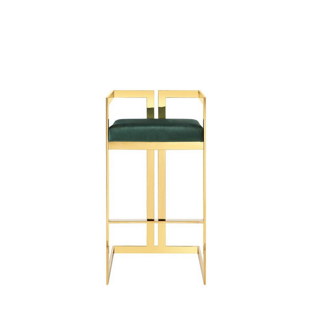 Zie 30 Inch Barstool Chair, Green Velvet Padded Seat, Gold Steel Finish By Casagear Home