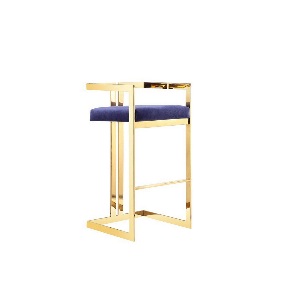 Zie 30 Inch Barstool Chair, Navy Blue Velvet Padded Seat, Gold Steel Finish By Casagear Home