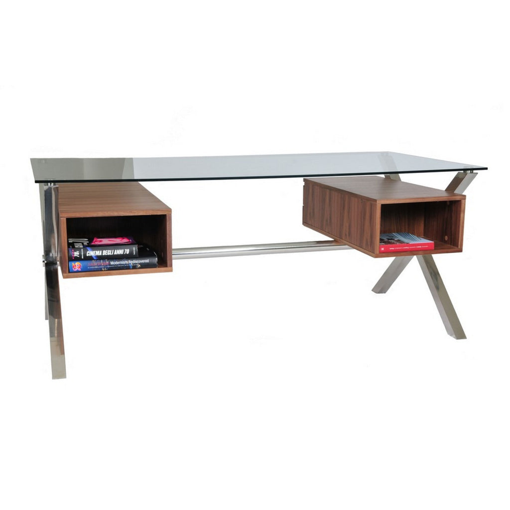 Tia 71 Inch Large Office Desk Glass Tempered Top 4 Drawers Light Brown By Casagear Home BM313370