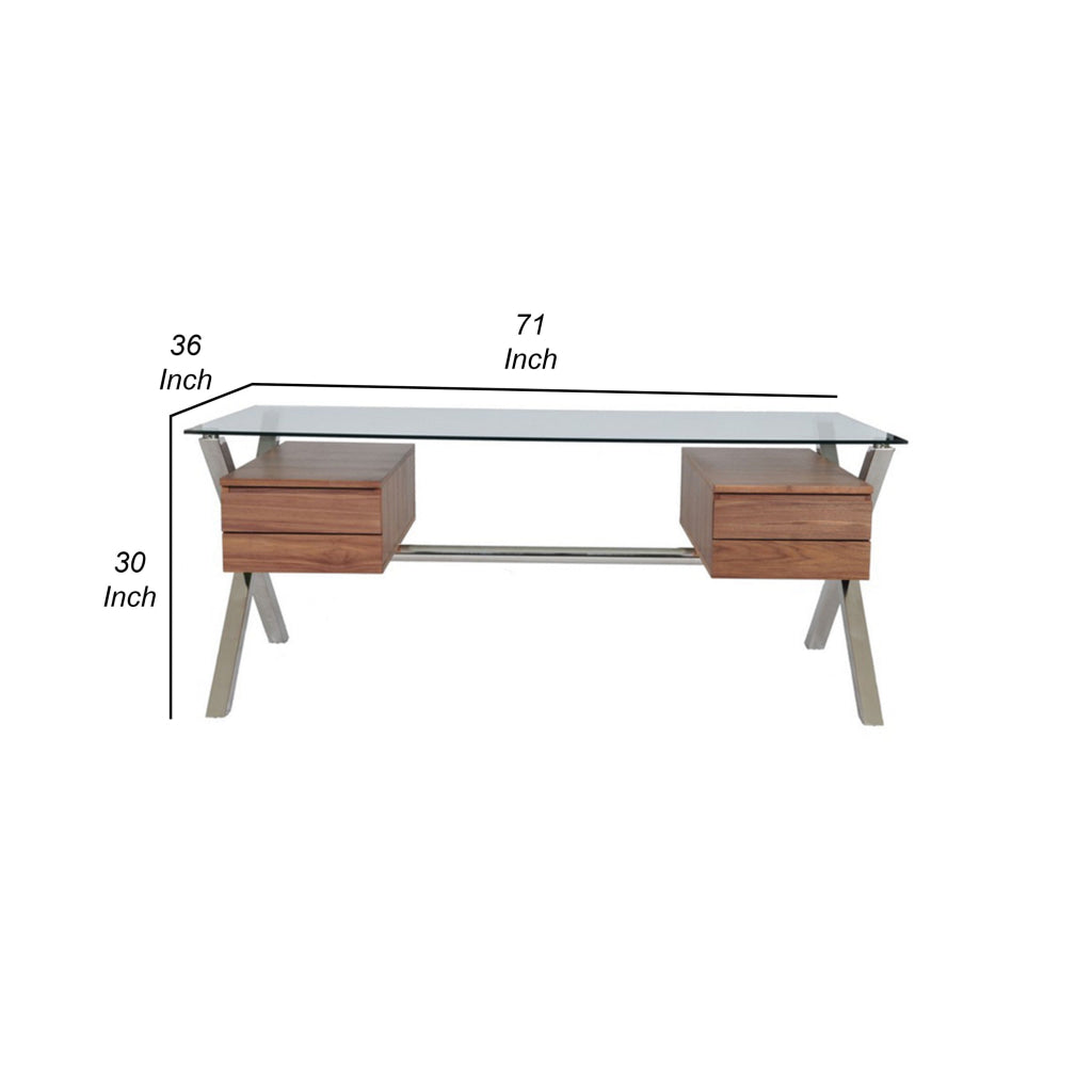 Tia 71 Inch Large Office Desk Glass Tempered Top 4 Drawers Light Brown By Casagear Home BM313370