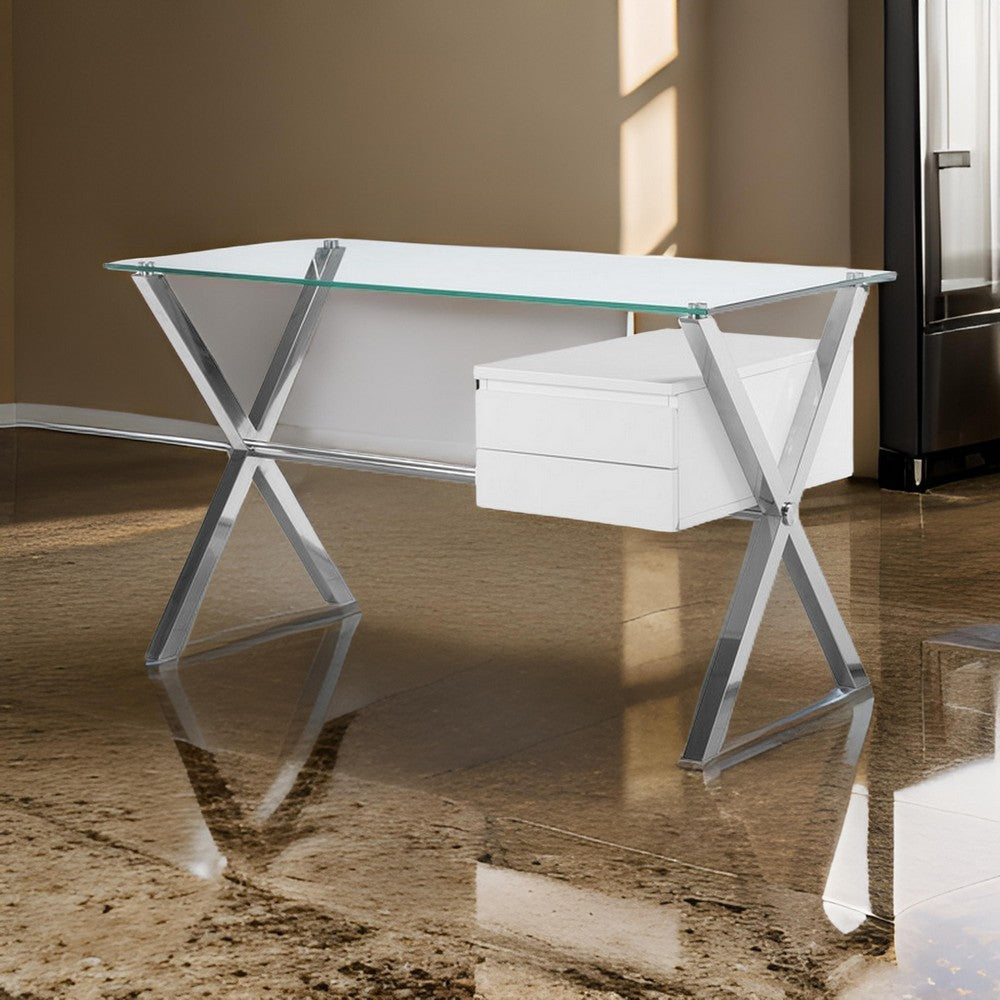 Tia 51 Inch Small Office Desk, Glass Tempered Top, 2 Drawers, White Finish By Casagear Home