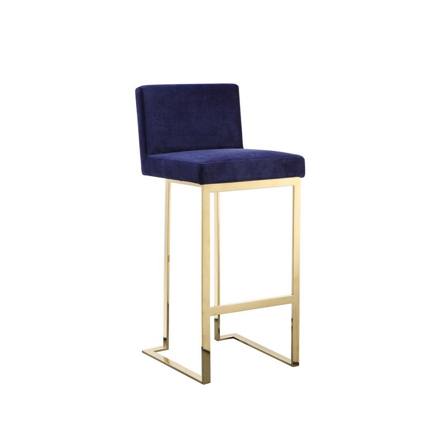 Boly 30 Inch Barstool Chair, Cushioned Blue Velvet, Gold Cantilever Base
 By Casagear Home