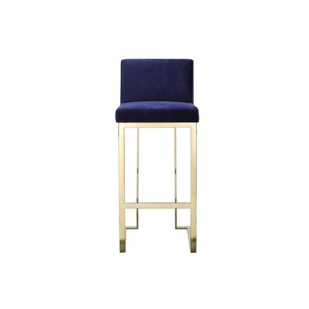Boly 30 Inch Barstool Chair, Cushioned Blue Velvet, Gold Cantilever Base
 By Casagear Home