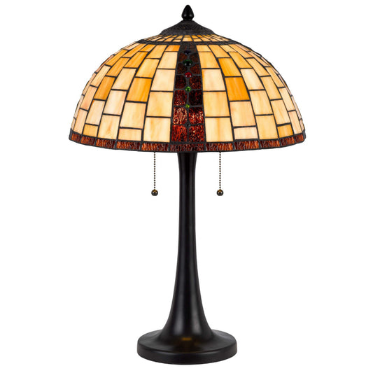 24 Inch Table Lamp, Tiffany Style Stained Glass, Pull Chain, Black Resin By Casagear Home