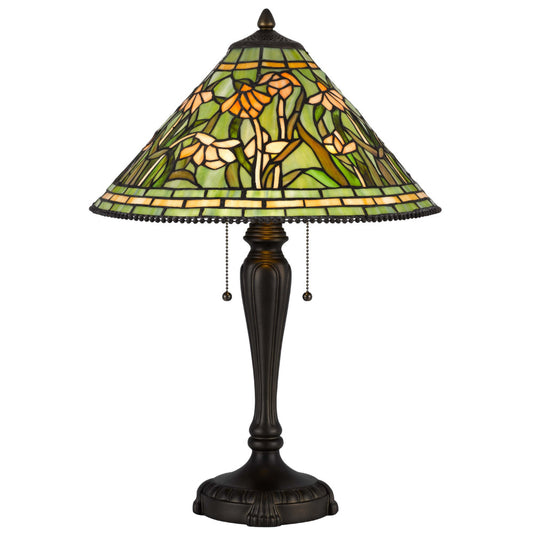 24 Inch Table Lamp, Floral Tiffany Style Stained Glass, Bronze Resin By Casagear Home