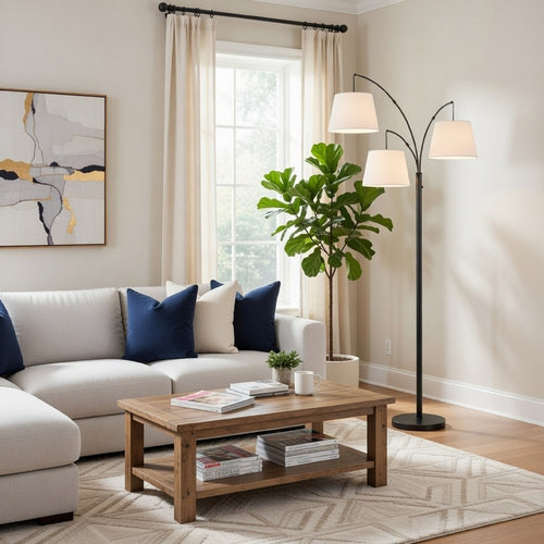 84 Inch Floor Lamp, 3 Tree Style White Drum Shades, Black Metal Finish By Casagear Home