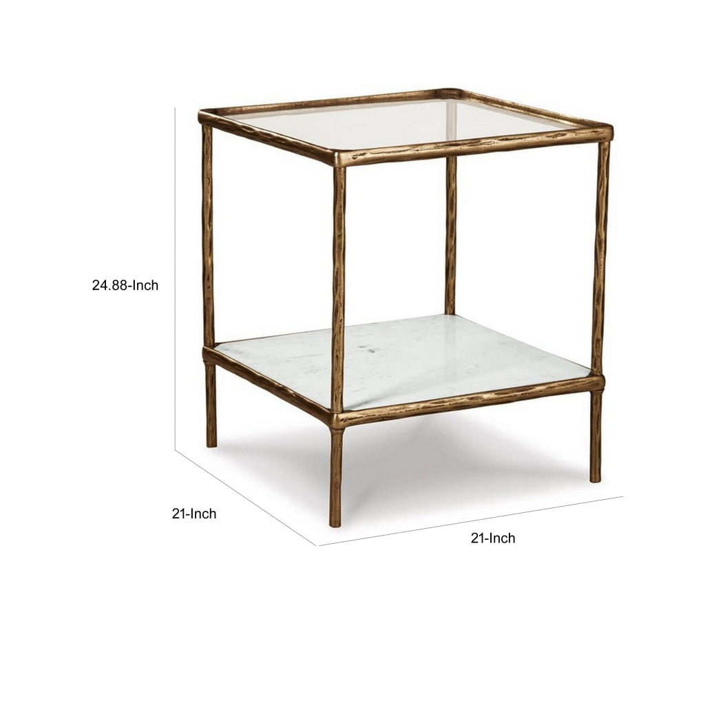 Dalie 25 Inch Accent Table Square Glass Tabletop Marble Antique Gold By Casagear Home BM313401