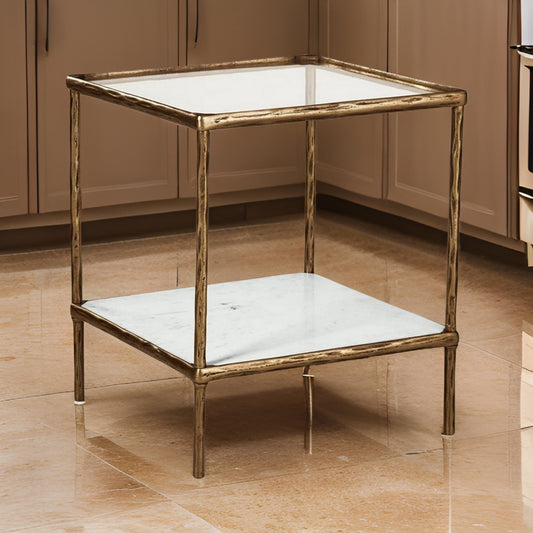 Dalie 25 Inch Accent Table Square Glass Tabletop Marble Antique Gold By Casagear Home BM313401