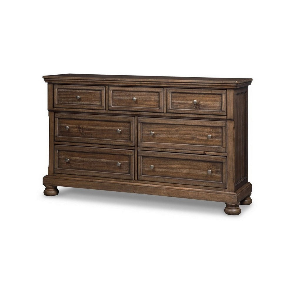 Flynt 65 Inch Wide Dresser 7 Gliding Drawers with Knobs Brown Wood Veneer By Casagear Home BM313409