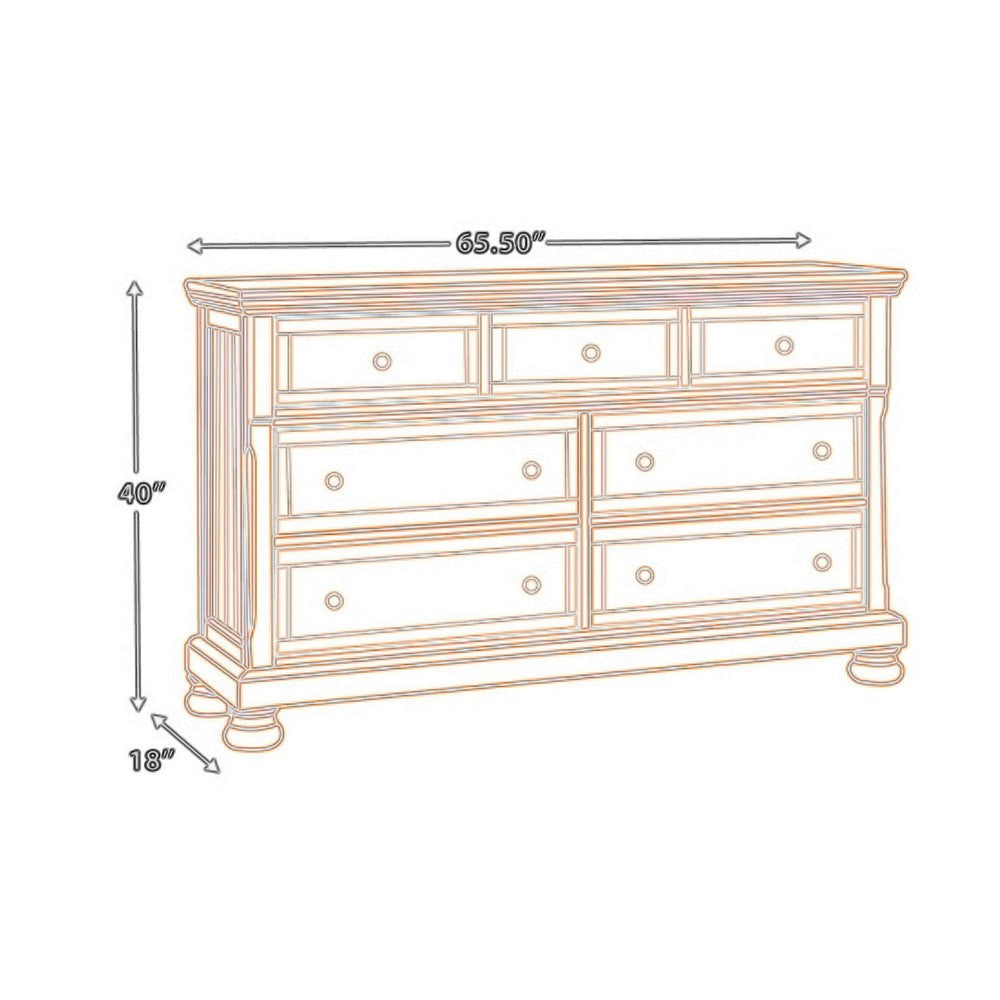 Flynt 65 Inch Wide Dresser 7 Gliding Drawers with Knobs Brown Wood Veneer By Casagear Home BM313409