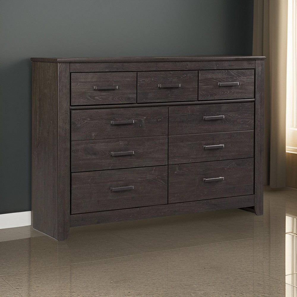 Brin 61 Inch Wide Dresser 7 Drawers with Pewter Bar Handles Gray Oak Wood By Casagear Home BM313410