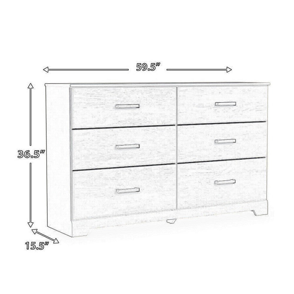 Tely 60 Inch Wide Dresser 6 Drawers with Pewter Handles White Wood By Casagear Home BM313411